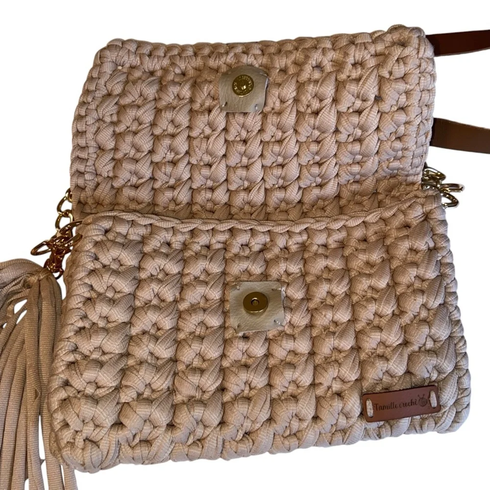Tamille Crochet Bag Womens Purse Woven Gold Chain Leather Shoulder Strap Beige